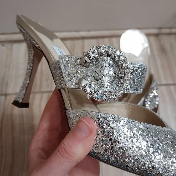Jimmy Choo Silver Sparkle Glitter Wedding Crystal Buckle Marta Heel Mules - Picture 2 of 10